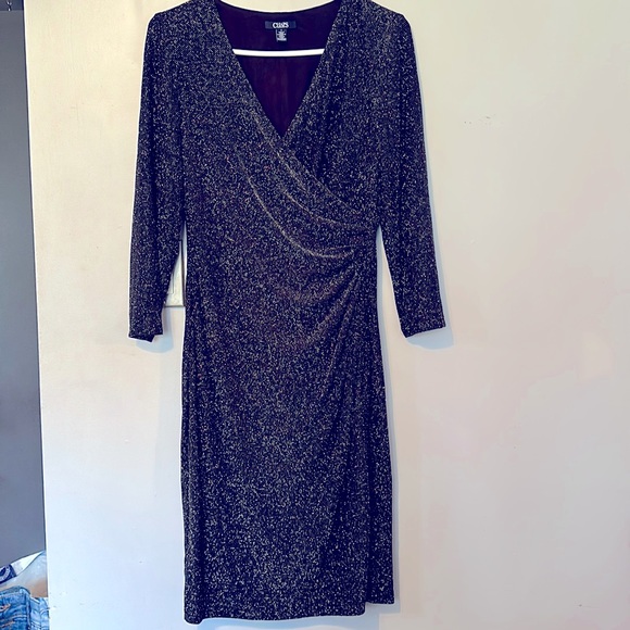 Chaps Dresses & Skirts - Chaps dress black & silver EUC cinched waist is forgiving and adds nice detail
